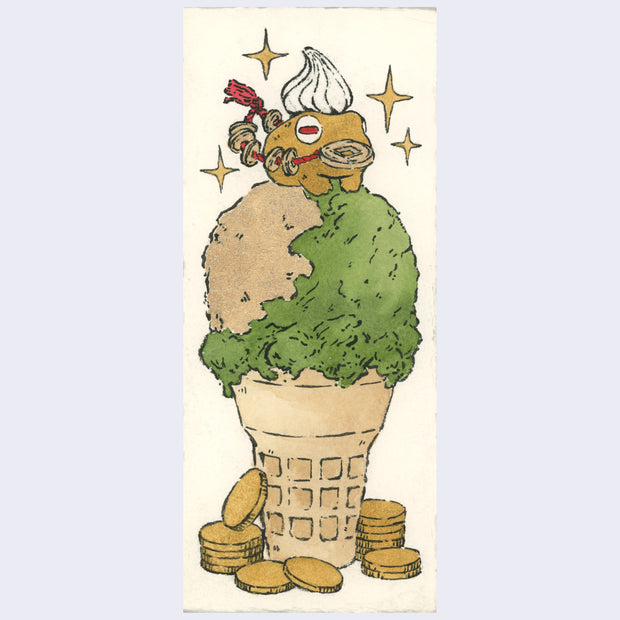 Illustration of a scoop of half matcha, half golden ice cream in a sugar cone. Atop is a golden fortune frog with a dollop of whipped cream on its head. Gold coins are around the cone.