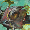 Painting on stylistically messy green background of a square shaped robot head, with 2 horns coming out the side.It has a pointed teeth frown, and a brown and green bird blocks the rest of its face, perched in front of it. Detail photo.