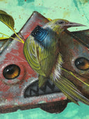 Painting on stylistically messy green background of a triangular shaped robot head, with 2 horns coming out the side. It has amber colored eyes and a pointed teeth frown. Perched on the front of it is a green bird with a long beak. Close up detail.