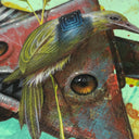 Painting on stylistically messy green background of a triangular shaped robot head, with 2 horns coming out the side. It has amber colored eyes and a pointed teeth frown. Perched on the front of it is a green bird with a long beak. Close up detail.