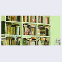 Close up of print of a busy music studio environment, hundreds of records on a shelf and music equipment all around.