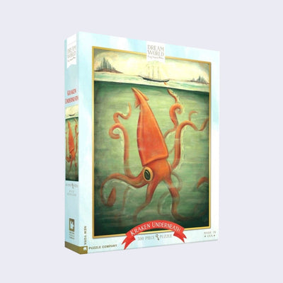 Puzzle box featuring an illustration of a large orange squid like creature directly under a small boat that floats up above.