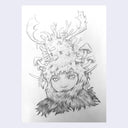 Graphite drawing of a woman, seen only from the neck up. Surrounding her face and neck are many tufts of fur. Atop her head are many mushrooms and a snowman's head with antlers and a wooden nose.