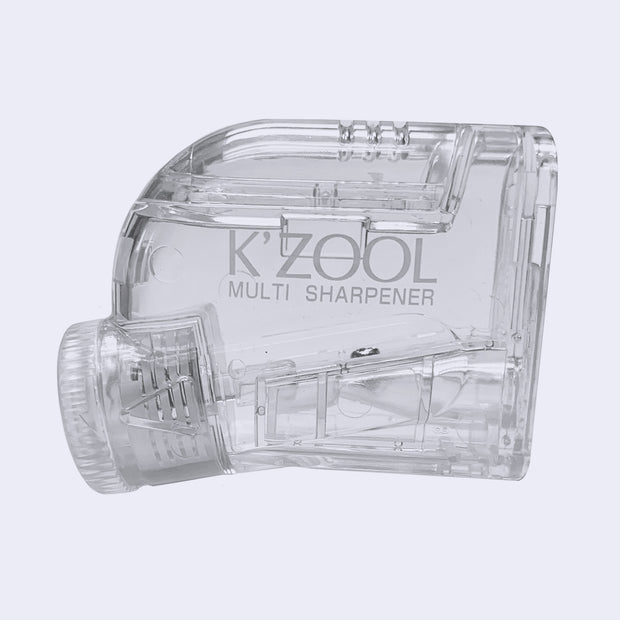 K'Zool pencil sharpener, clear with a dial to adjust to 5 different settings of varying sharpness.