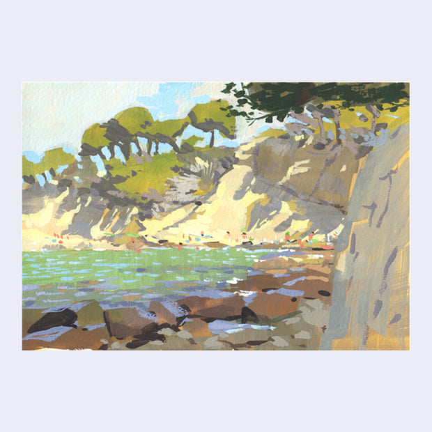 Plein air painting of a body of water surrounded by rocky terrain with various people sitting on the shore, viewed from afar.