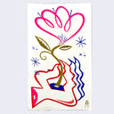 Simple colorful line art illustration of a severed witch's hand holding a stylized pink flower with a green stem.