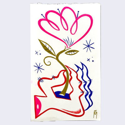 Simple colorful line art illustration of a severed witch's hand holding a stylized pink flower with a green stem.