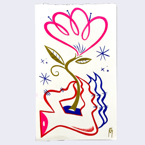 Simple colorful line art illustration of a severed witch's hand holding a stylized pink flower with a green stem.