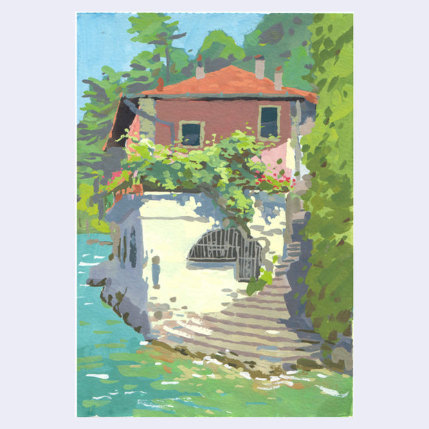 Plein air painting of a house with a curved concrete staircase wrapped around, leading directly to water. Greenery surrounds the rest of the hat.