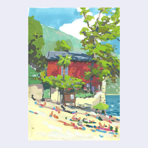 Plein air painting of the shore of a lake or a beach, with many people lounging on towels or under umbrellas. In the background is a red house with many trees nearby.