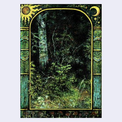 Painting on canvas of a dark forest setting, with many overgrown trees and greenery. It's framed with a window shaped border, with pillars on either side and a sun and moon.