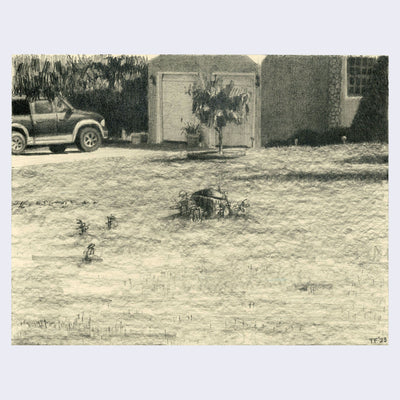 Finely rendered pencil drawing on cream paper of a suburban grass lawn with a rock in the middle of it. In the background, you can see a 2 car garage and a SUV in the driveway.