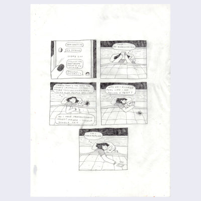 5 panel comic drawn in pencil on tracing paper about a girl laying in bed, reading texts on her phone.