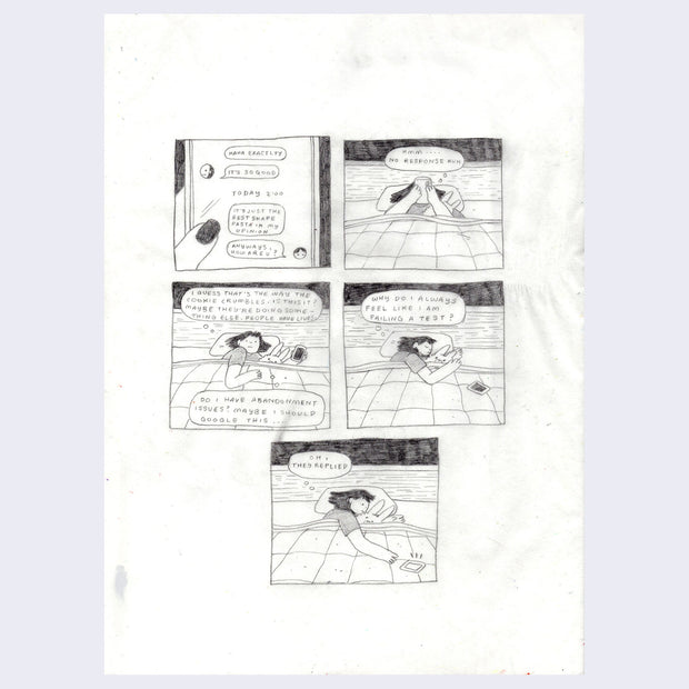 5 panel comic drawn in pencil on tracing paper about a girl laying in bed, reading texts on her phone.