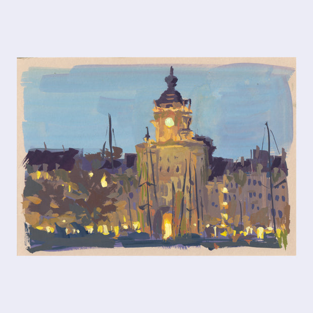 Plein air painting of a extravagant building with a tower emitting warm light. 