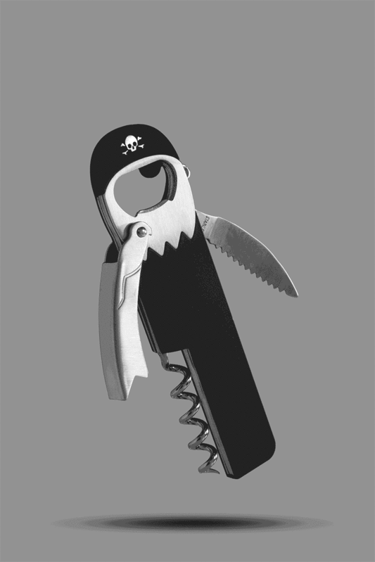 Gif of Legless Corkscrew, with each part of the bottle opener multitool being labeled, both aesthetic and functional.
