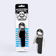 Clear product packaging that displays a pirate themed bottle opener. A multitool bottle opener that resembles a pirate, with one of his legs being a corkscrew, his faced being a bottle opener and his arm being a foil cutter.