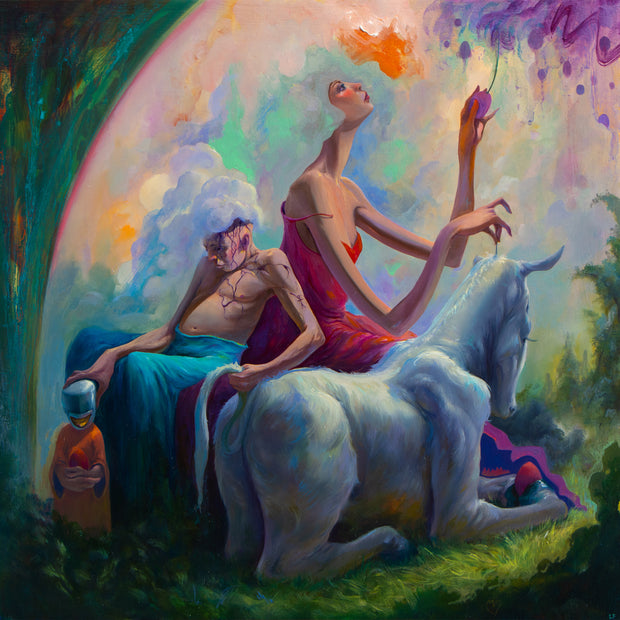 Elaborate painting of a stylized pair of people lounging in a rococo style forest setting. Sitting next to them is a white horse, facing away from the viewer. One of the figures is a man, shirtless with a cloud on his head that bleeds out onto his body, the other is a woman with a pink dress who looks up into the sky, holding a purple fruit or flower.