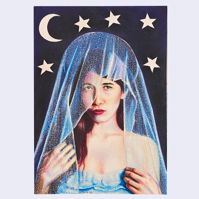 Finely rendered portrait of a woman with a mesh veil, hanging over hear head with half of her face unobstructed from. She has both of her hands on her upper torso and wears a blue dress.