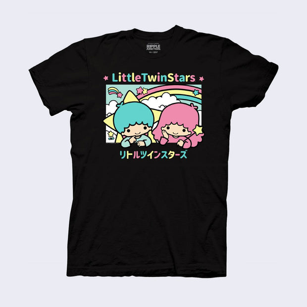 Black tee shirt with "Little Twin Stars" written in rainbow font along the top, with an illustration of a blue haired simple anime boy and a pink haired simple anime girl resting on their elbows with a large rainbow, clouds and stars behind them. Written kanji is below the illustration.