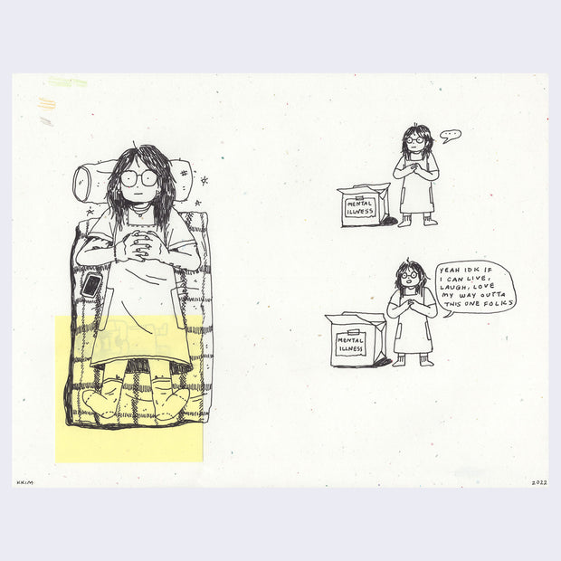 Series of 3 illustrations of a girl wearing a long apron, standing with hands clasped together and contemplating.