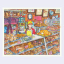 Finely detailed ink and watercolor painting of a person sitting behind the counter at a very well stocked bakery, filled with various breads and pastries. On the counter is an orange cat, curled up and sleeping.