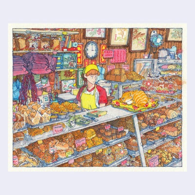 Finely detailed ink and watercolor painting of a person sitting behind the counter at a very well stocked bakery, filled with various breads and pastries. On the counter is an orange cat, curled up and sleeping.