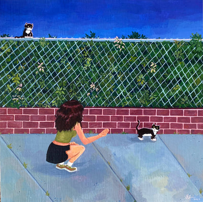 Painting of a girl with wavy red hair, green shirt, short black skirt and tennis shoes, kneeling down with her hand extended out towards a tuxedo cat. They are on a sidewalk next to a short brick wall with a large bush behind a chainmail fence. Atop the fence is another tuxedo cat, looking down.