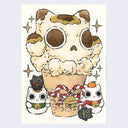 Watercolor painting of a large ice cream cone, the scoop designed to look like a white cat with brown spots. A red and white rope with a golden bell is tied around the cone. Small maneki cats with bells around their neck stand next to the cone.
