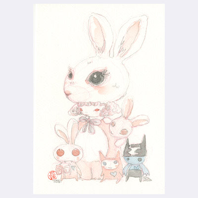 Pencil line drawing with light watercoloring of a girl in a fluffy body bunny suit, with a large white rabbit atop her head. Around her is a bunny, and three simplified monster like characters. Piece has primarily pink coloring.