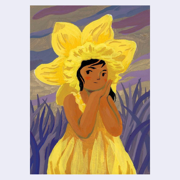 Painting of a young tan girl wearing a bright yellow dress and a large yellow daffodil blossom on her head, with the petals spread out like a lion's mane. She looks off to the side and rests her head on her clasped hands. 