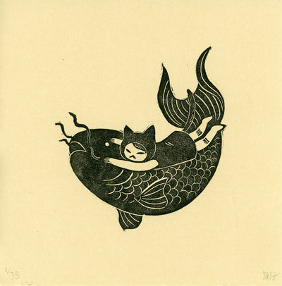 Black ink linocut print on cream paper of a graphic of a small girl with a cat hood on, laying flat on their belly atop of a squirming koi fish.
