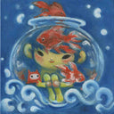 Painting on blue colored canvas of a anime style character, sitting cross legged underwater in a clear glass fish bowl. Around them are orange goldfish and below the bowl is a wave pattern.