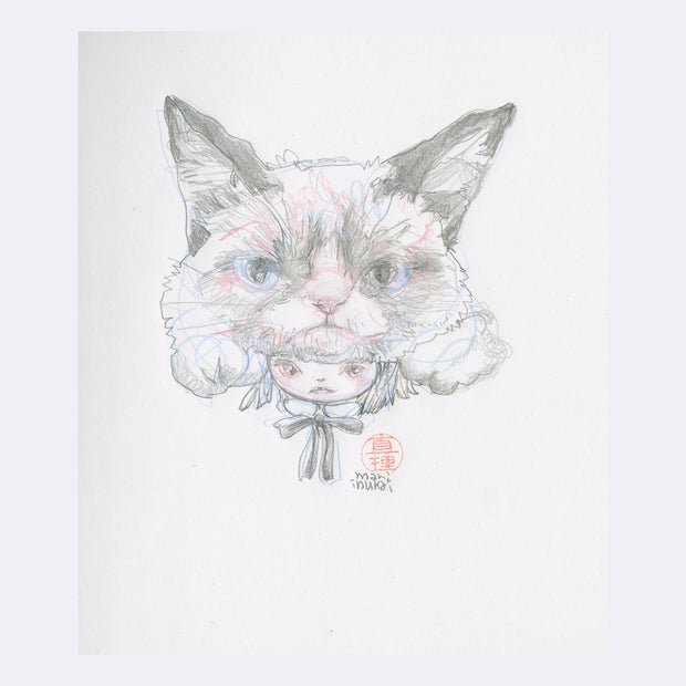 Pencil illustration, mainly gray with some subtle pink and blue color accents on white paper of a little girl's head. Atop her head is a large Persian cat's head, with its paws close to itself under its chin.