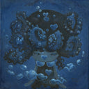 Dark blue monochromatic painting of an anime style girl floating underwater, making bubbles with her breath. She wears a collared sleeveless dress and has a large octopus atop of her head.