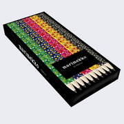 Rectangular case of pencils, 5 designs with 2 of each, all with floral patterns. "Marimekko 10 Pencils" is written on the box.