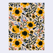 Notecard with a full bleed floral pattern, with dark green abstractly shaped leaves, yellow sunflowers, red pods and blue accent leaves.