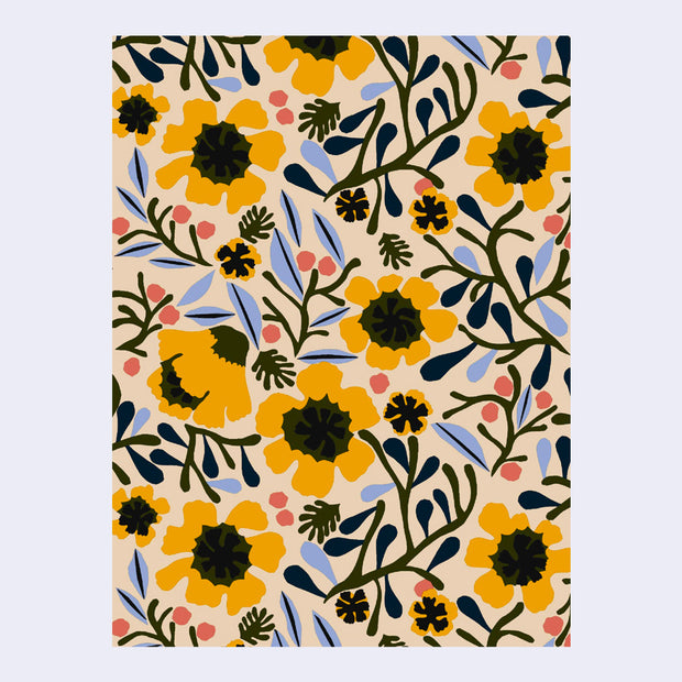 Notecard with a full bleed floral pattern, with dark green abstractly shaped leaves, yellow sunflowers, red pods and blue accent leaves.