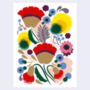 White notecard with a graphic floral design, featuring several abstract shapes to build the image and a muted color palette of yellow, pink, brown, blue and red.