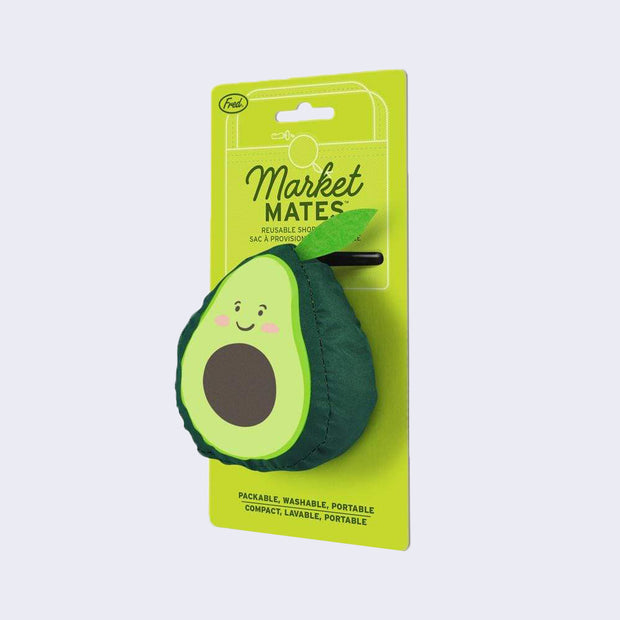 A smiling rotund avocado attached to a green hangtag that reads "Market Mates"