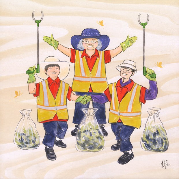 Illustration of 3 Asian people wearing reflective safety vests, green gloves and navy pants. One is young, one is middle age and one is an older lady. They hold grab claws and have bags of picked up trash near them.