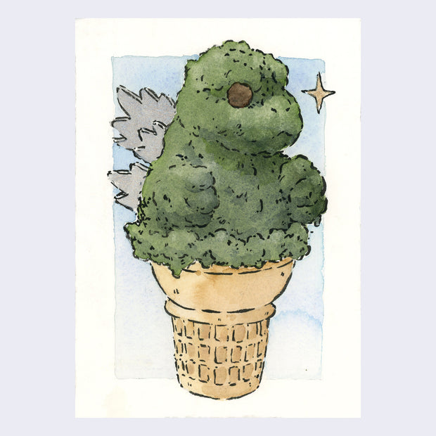 Watercolor illustration of a fluffy green Godzilla as a green tea ice cream scoop, with a chocolate chip eye and gray back spikes, sitting in a sugar cone.
