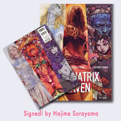 Back and front cover of "Dominatrix Heaven," which is written in bold white font. Cover is divided into 3 equal parts, displaying 3 different woman drawn by each of the artists.