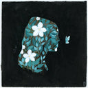 Illustration on black background of a woman in profile view, seen only from the shoulder up. She is filled with a pattern of blue leaves and white flowers. In front of her face is a small blue butterfly.