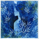 Painting of a blue woman surrounded by blue underwater style leaves. Around her is a blotchy watercolor background made to imitate the look of being underwater with small bits of light shining down.