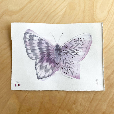 Watercolor illustration of a purple butterfly with its wings spread out flat.