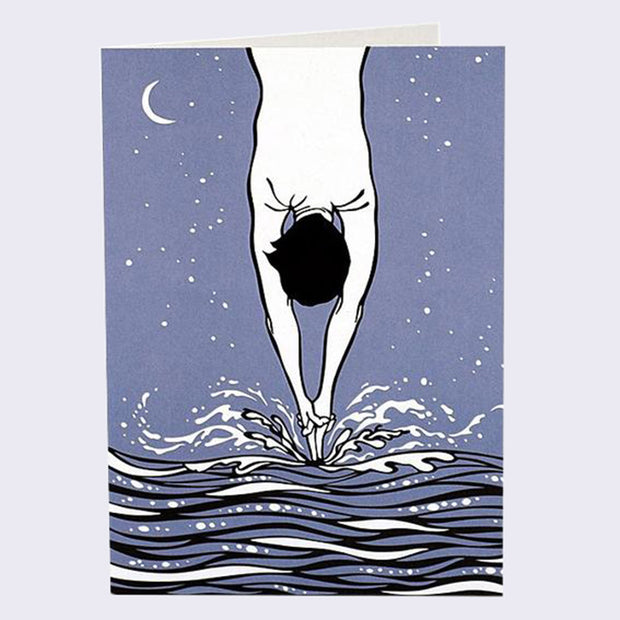 The front of a note card is shown. The card has an illustration of a person diving straight down into water. A crescent moon hangs above.