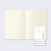 Open notebook, with cream colored blank pages and an insert of white stickers numbered 1 to 12 with three "Idea" stickers.