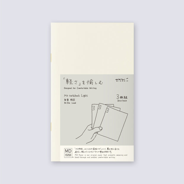 Cream colored blank cover journal within packaging with a gray insert that has Japanese writing and an illustration of a hand holding 3 notebooks. 