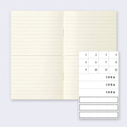 Open notebook, with cream colored pages and lined paper and an insert of white stickers numbered 1 to 12 with three "Idea" stickers.